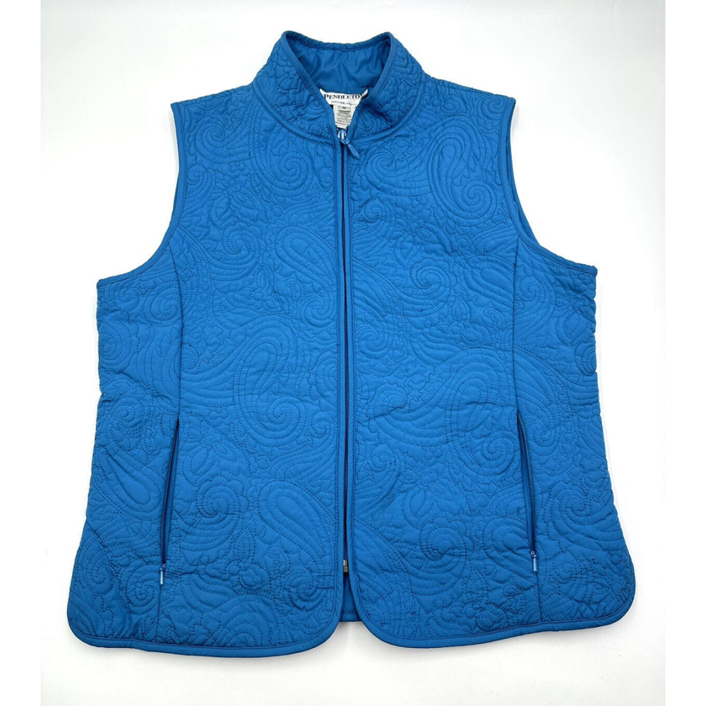 Women's Pendleton Original Peacock Blue Quilted Paisley Floral Vest Zip Size M